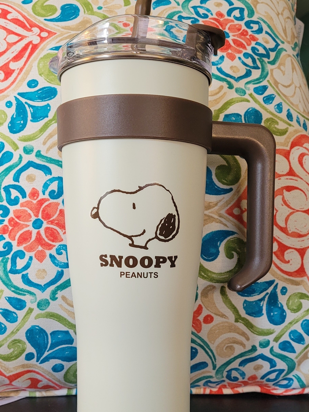 Peanuts Cream Travel Tumbler with Brown Handle